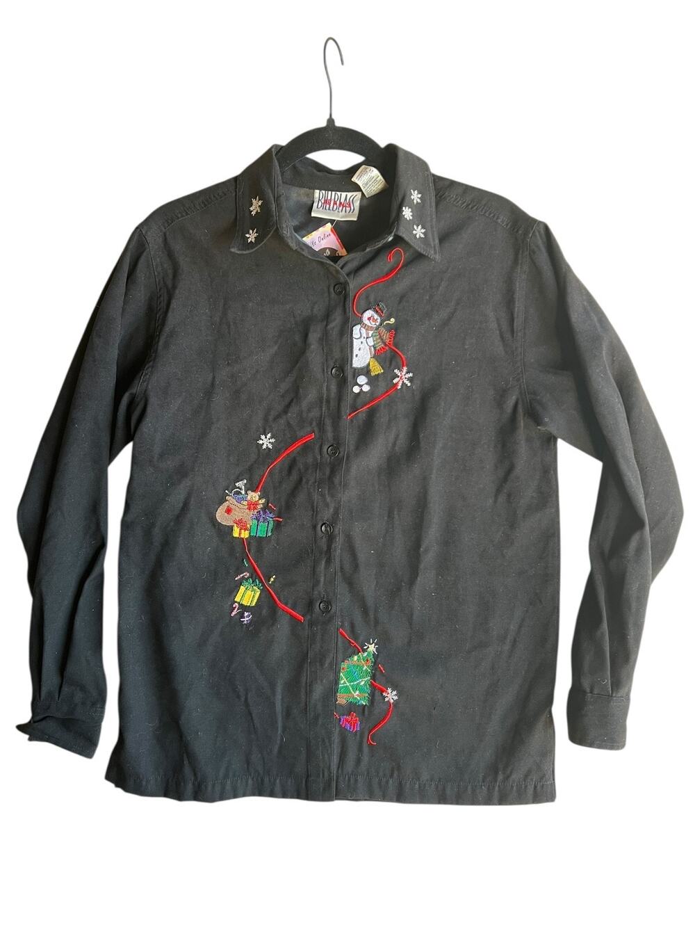 Bill Blass Women's Vintage Grandma Button Down Shirt Embroidered Black Suede S